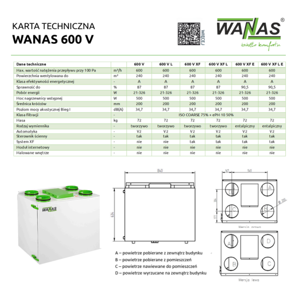 Rekuperator przeciwprądowy WANAS 600 V - obrazek 3
