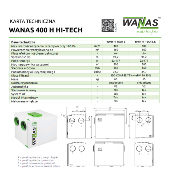 Rekuperator przeciwprądowy WANAS 400 H - obrazek 4